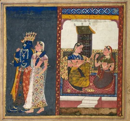 Radha y Krishna abrazándose, hoja de un Gita Govinda, c. 1650
