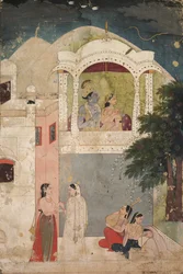 Radha y Krishna sentados en un balcón, c. 1760