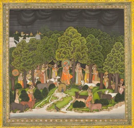 Radha y Krishna se encuentran en el bosque durante una tormenta, c. 1770