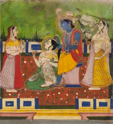 Radha y Krishna en una terraza
