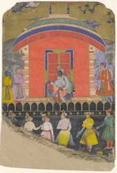 Rama recibe a Sugriva y Jambavat, los reyes mono y oso, Folio de..., ca. 1605