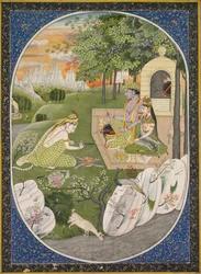Rama, Sita y Lakshmana en el bosque, página de los Cuentos del Ramayana, c. 1830