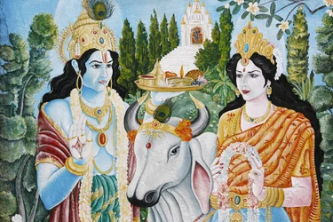 Rama, Sita y la vaca sagrada. Rama es la 7.ª reencarnación de Visnú. Pashupatinath, Katmandú, Nepal