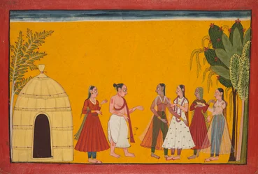 Rama y Sita siendo llevados al sacerdote para fijar la fecha de la boda, página del Ramayana