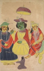 Rama y Sita entronizados con Lakshmana y Hanuman asistiendo, 1800s
