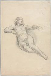 Desnudo femenino reclinado recto, varios bocetos de figuras y plantas verso, siglo XIX