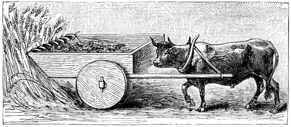 Reconstrucción de la máquina de segar utilizada en la Galia en tiempos de la Antigua Roma, según lo descrito por Plinio, c1890