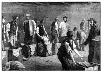 Rellenando cofres en un almacén de té, 1874