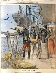 Liberación de palomas mensajeras del ejército francés a bordo del transatlántico La Bretagne, 1898