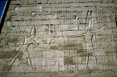 Relieve de Ramsés III golpeando enemigos, Templo Mortuorio de Ramsés III, Medinat Habu, c. 1200 a.C.