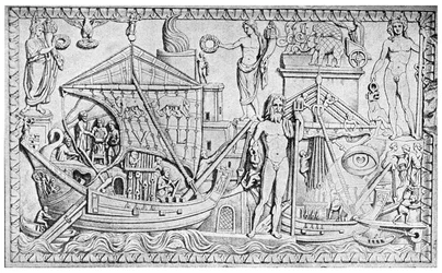 Relieve que muestra el faro romano en Ostia, puerto de Roma, Italia, 1956