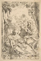 Reposo en Egipto, Sagrada Familia sentada mientras un ángel tira de las ramas de un árbol, ca. 1637-1639 o después