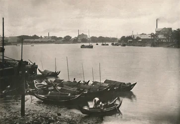 Molinos de arroz en el arroyo Poozoondoung, Rangún, 1900