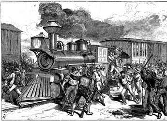 Motín de trabajadores ferroviarios en Martinsburg en el Ferrocarril Baltimore-Ohio, EE.UU.
