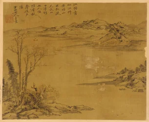 Paisaje fluvial: árboles y casas en primer plano, posiblemente Yuan, 1279-1368