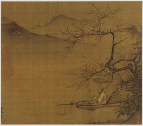 Paisaje fluvial: un hombre leyendo en una barca amarrada bajo un árbol en flor, dinastía Ming, 1368-1644.