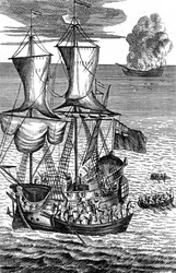 Robinson Crusoe salva a la tripulación de un barco en llamas en el mar, c. 1719