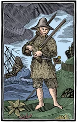 Robinson Crusoe, recorte de folletín, siglo XVIII, 1964