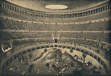 Roma - Coliseo - Reconstrucción de una caza de animales salvajes, 1910