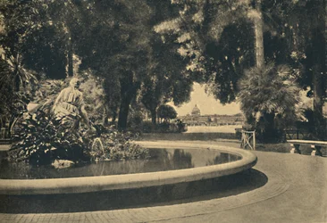 Roma - El parque Pincio. Fuente de Moisés, salvada de las aguas por Brazza, 1910