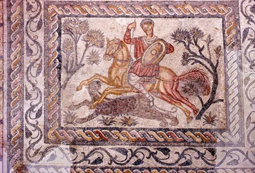 Mosaico romano de jinete cazando un leopardo, Mérida, España, siglo II-III