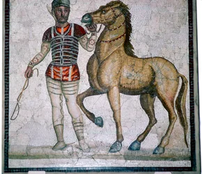 Mosaico romano de un auriga con caballo