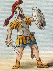 Soldado romano. Grabado en "Alphabet de ma petite fille". Bernardin-Bechet y Fils, libreros-editores, París, alrededor de 1895. Álbum inquebrantable sobre lienzo. Bibliothèque des Bébés. 12 páginas. Álbum que contiene un método de lectura y un abecedario i