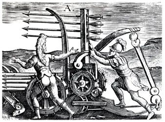 Soldados romanos usando una máquina de guerra disparando múltiples flechas, 1605