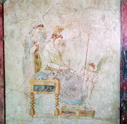 Pintura mural romana de Afrodita, Eros y una de las Gracias, siglo I