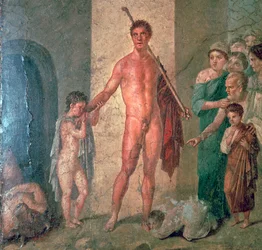Pintura mural romana de Teseo después de matar al Minotauro, siglo I