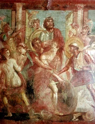 Pintura mural romana de Aquiles escondido en Scyros, la Casa de los Dioscuros, Pompeya