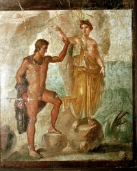 Pintura mural romana de Perseo liberando a Andrómeda, Casa de los Dioscuros, Pompeya, Italia