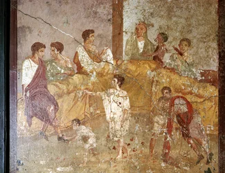 Pintura mural romana de una cena, Pompeya, Italia