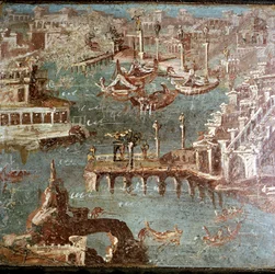 Pintura mural romana de una escena portuaria, Stabiae, cerca de Pompeya, Italia