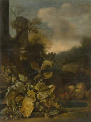 Paisaje romántico con bodegón y columna antigua