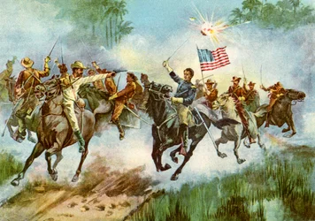 Jinetes rudos estampando un puesto avanzado español, Cuba, Guerra Hispanoamericana, 1898