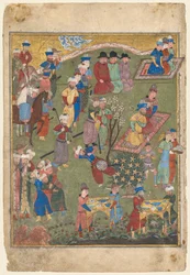 Banquete real en un jardín recto del frontispicio de una Shahnama..., 1444