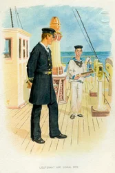 Teniente de la Marina Real y niño señalero, c1890-c1893