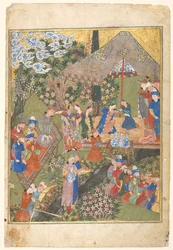Recepción Real en un Paisaje, folio derecho de un frontispicio de doble página..., 1444
