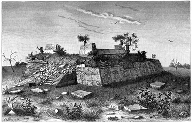 Ruinas de los escalones de la pirámide de Xochicalco, México, 1901