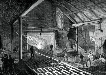 Vertiendo el hierro fundido en los moldes, c. 1880