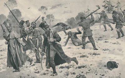 Campesinos rusos atacando a rezagados franceses, 1812, 1896
