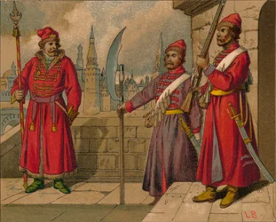 Strelitzi rusos y guardias turcos del siglo XVII - Oficial, soldados, siglo XIX