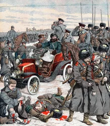General ruso dirigiendo la campaña desde su coche, Guerra Ruso-Japonesa, 1904