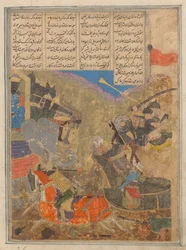Rustam lucha contra Sava, Folio de un Shahnama Libro de los Reyes, siglo XV