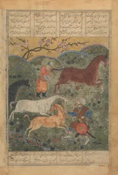 Rustam captura al caballo Rakhsh, folio de un Shahnama Libro de los Reyes, finales del siglo XV