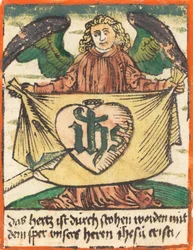 Monograma sagrado en un corazón sagrado en un paño sostenido por un ángel, c. 1480