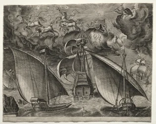 Embarcaciones a Vela: Dos Galeras Navegando Detrás de un Tres-Mástil Armado con Faetón..., 1561-65
