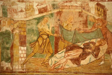 Abadía de Saint-Savin-sur-Gartempe, pintura en la bóveda de la nave: escena del Antiguo Testamento con Noé, Saint-Savin, Francia