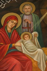 Pintura de la natividad en la iglesia copta de San Antonio, Jerusalén, Israel